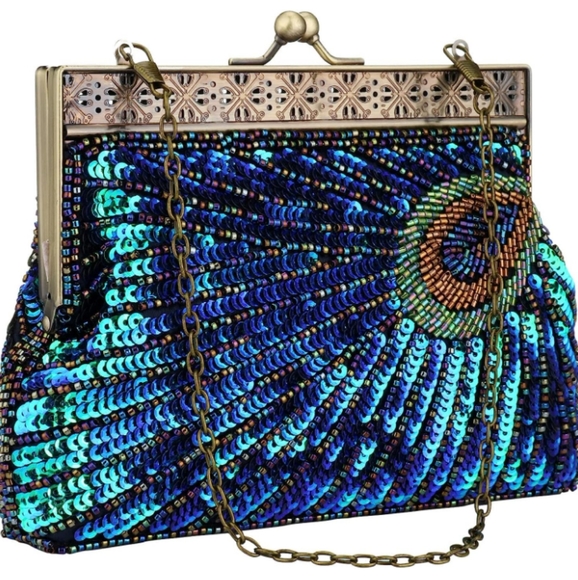 Peacock Feather 20s 30s Retro Sequin Clutch Purse Blue Evening Bag Chain Strap - Picture 8 of 11